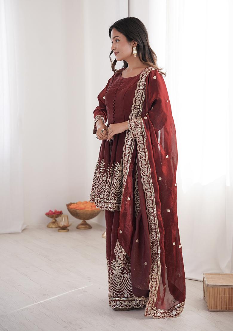Maroon Thread Work Satin Kurta Set - Indya