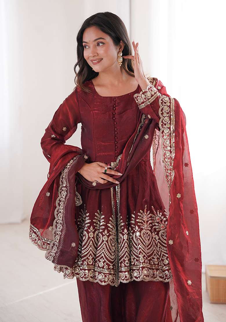 Maroon Embroidered Satin Sharara Set - Indya
