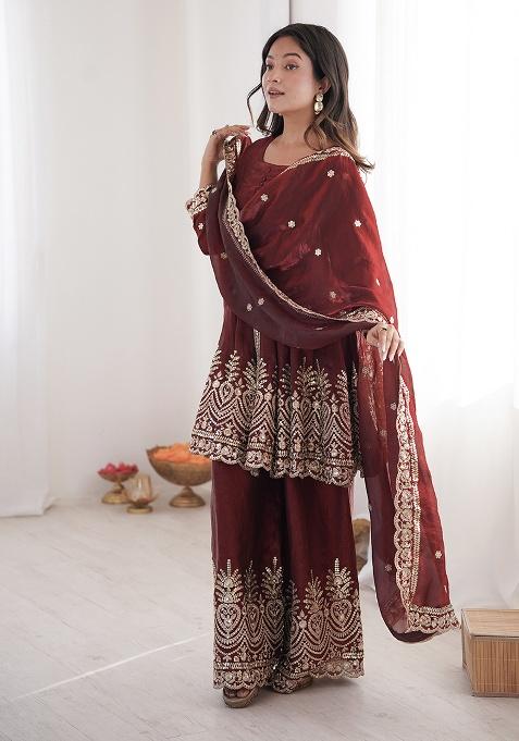 Maroon Thread Work Satin Kurta Set