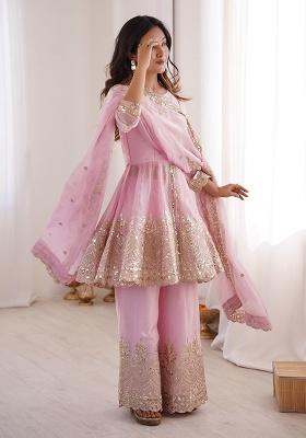 Baby Pink Thread Work Satin Kurta Set