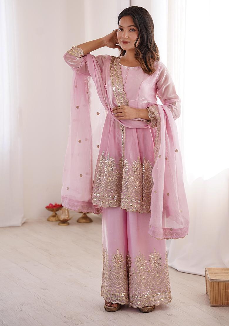Baby Pink Thread Work Satin Kurta Set - Indya