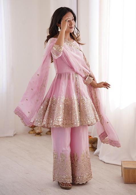 Baby Pink Thread Work Satin Kurta Set