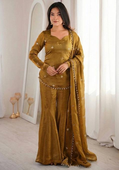 Olive Thread Work Satin Kurta Set