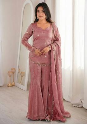 Peach Thread Work Satin Kurta Set