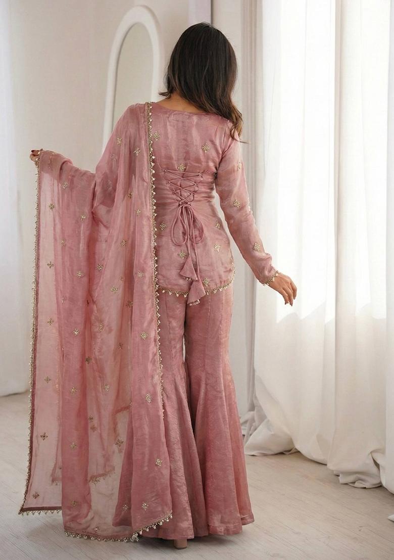 Peach Thread Work Satin Kurta Set - Indya