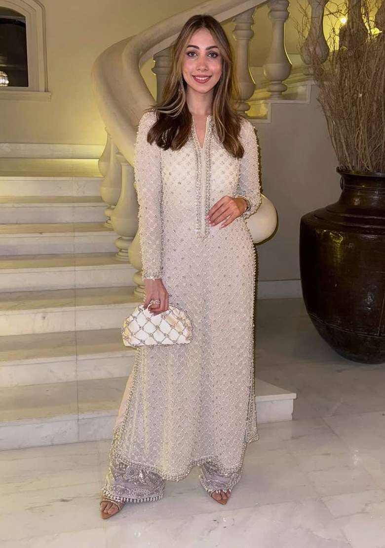 White Embellished Georgette Straight Kurta Set - Indya
