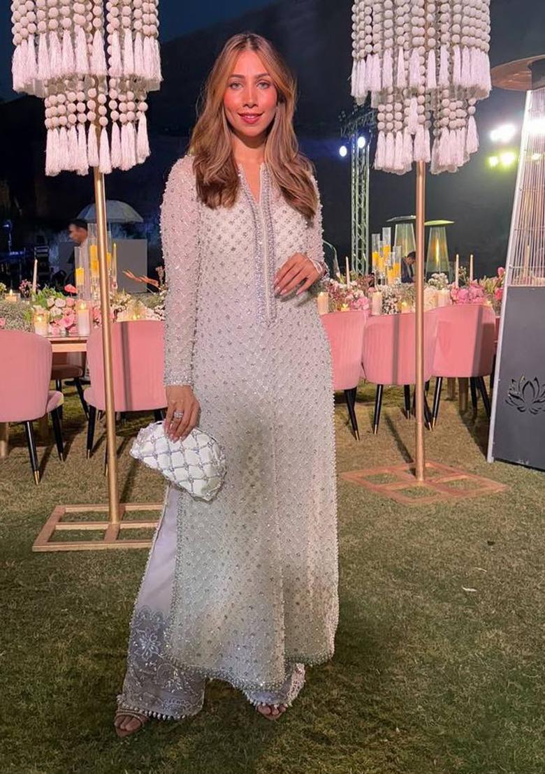 White Thread Work Georgette Kurta Set - Indya