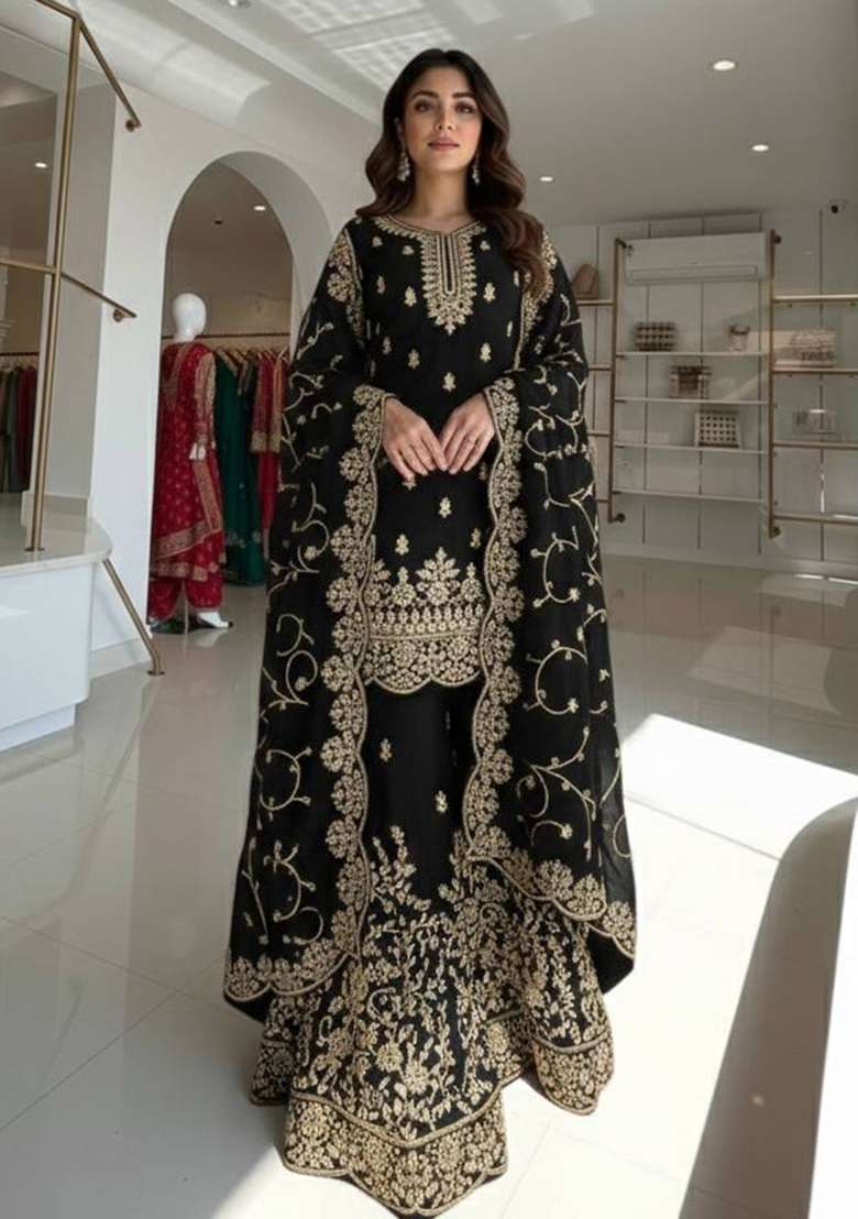 Black Embroidered Silk Blend Sharara Set - Indya