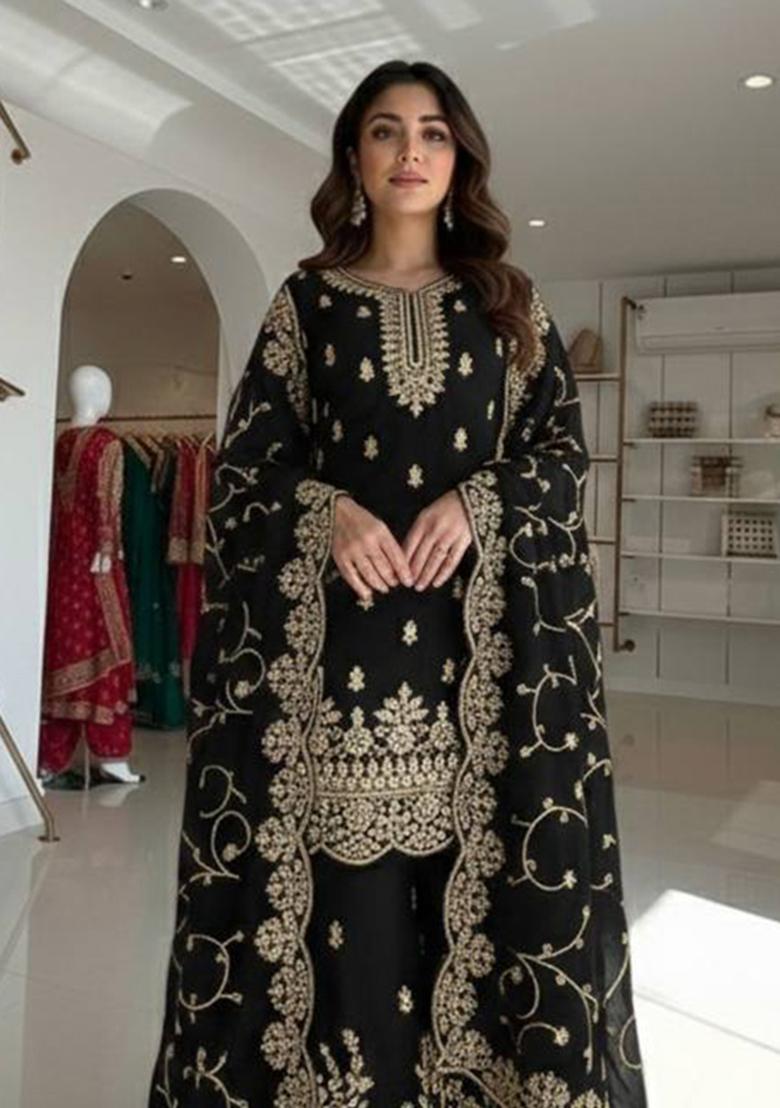 Black Thread Work Silk Kurta Set - Indya