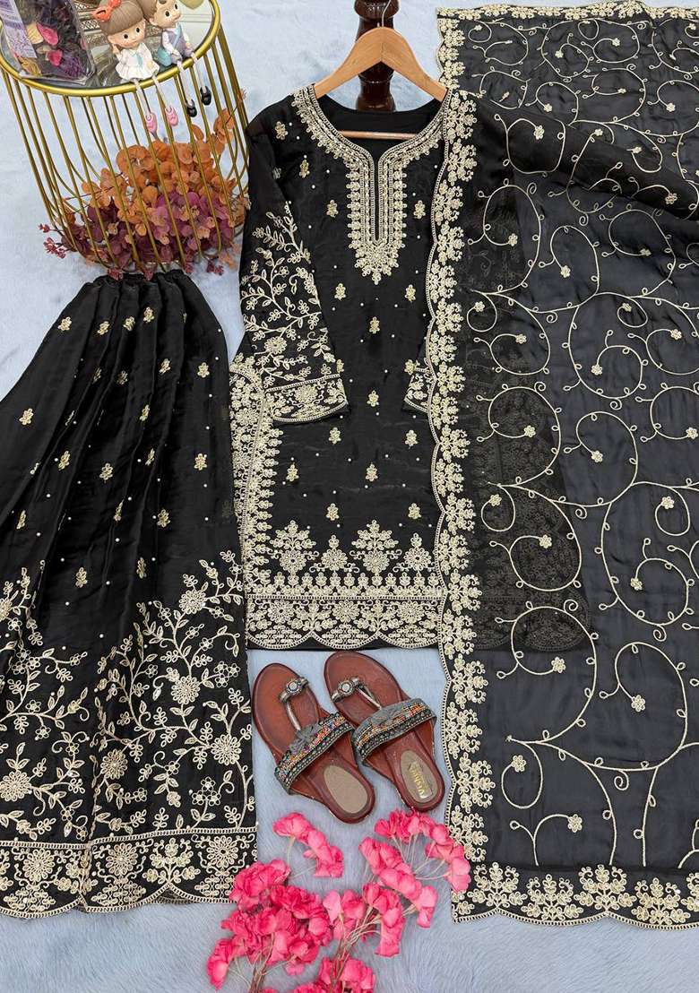 Black Embroidered Silk Blend Sharara Set - Indya