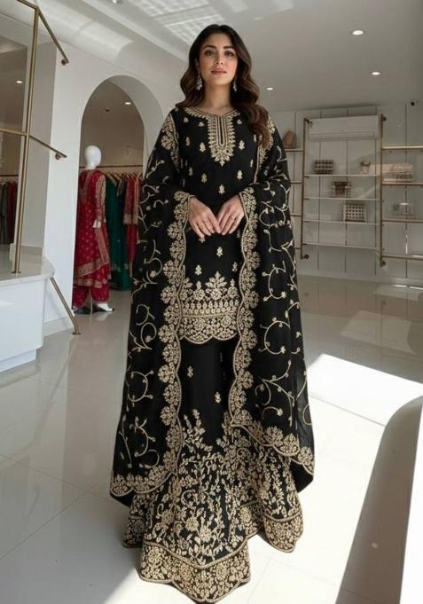 Black Thread Work Silk Kurta Set