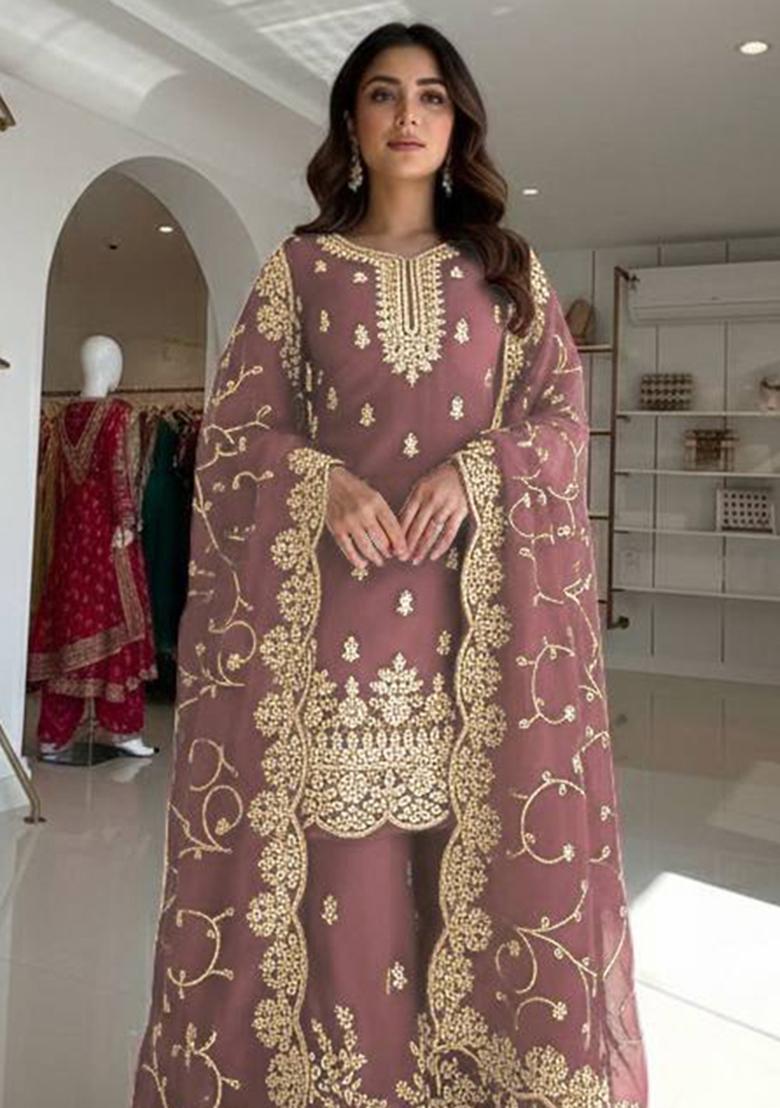 Coffee Thread Work Silk Kurta Set - Indya