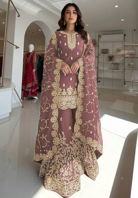 Coffee Thread Work Silk Kurta Set