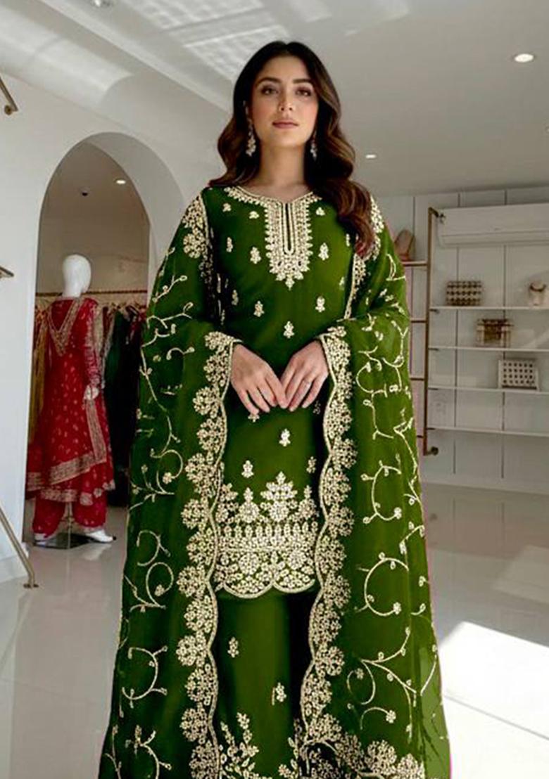 Green Thread Work Silk Kurta Set - Indya
