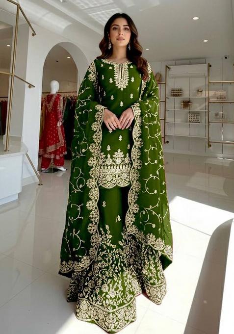 Green Thread Work Silk Kurta Set