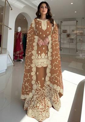 Peach Thread Work Silk Kurta Set