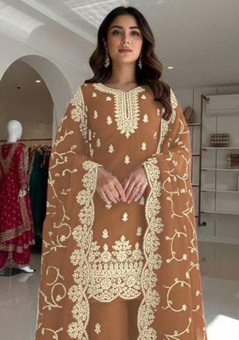 Peach Thread Work Silk Kurta Set - Indya