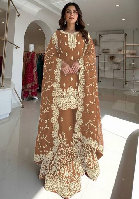 Peach Thread Work Silk Kurta Set