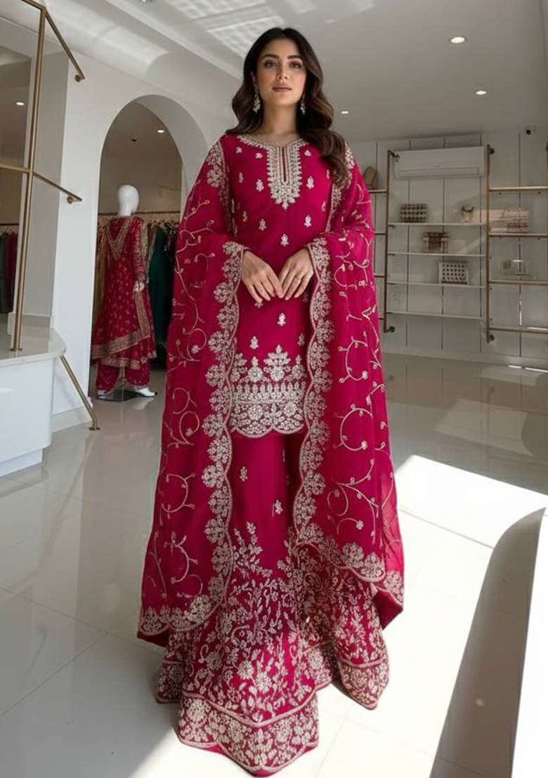 Rani Pink Embroidered Silk Blend Sharara Set - Indya