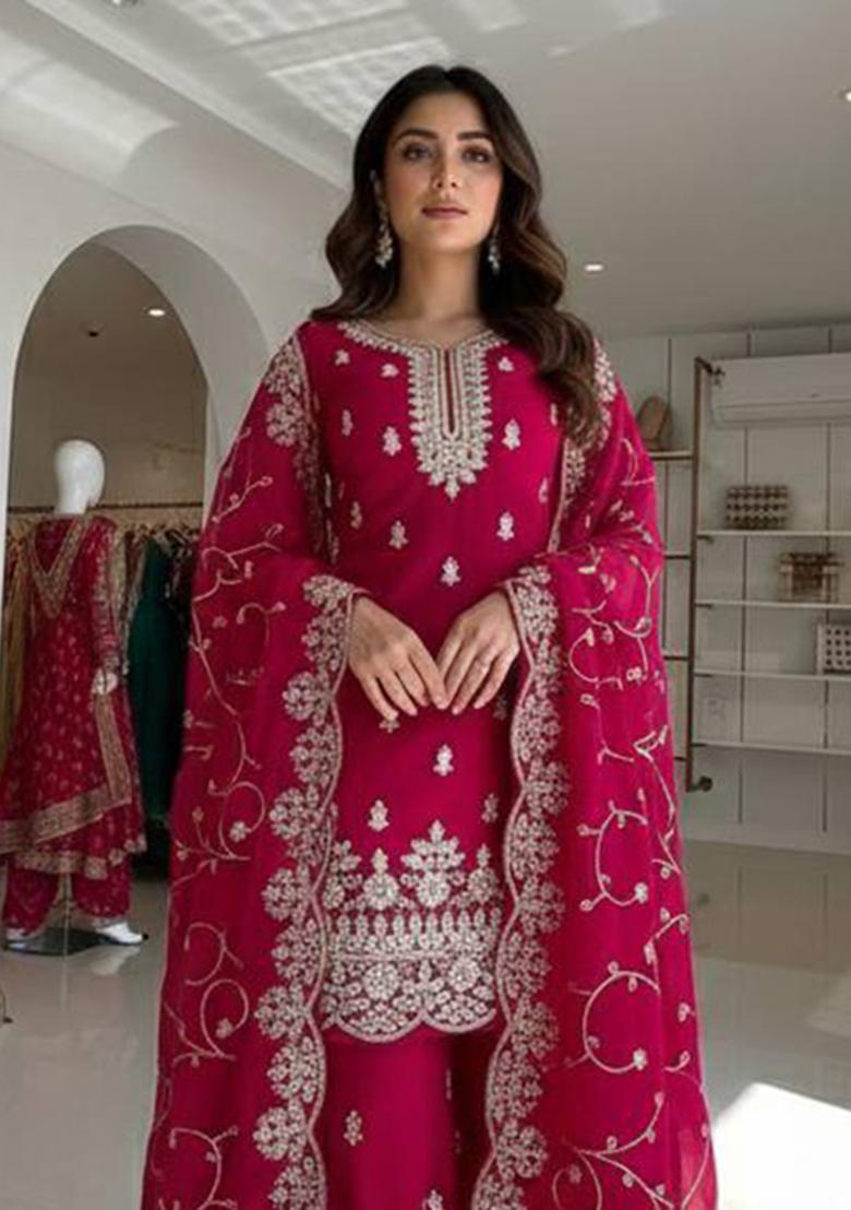 Rani Pink Thread Work Silk Kurta Set - Indya