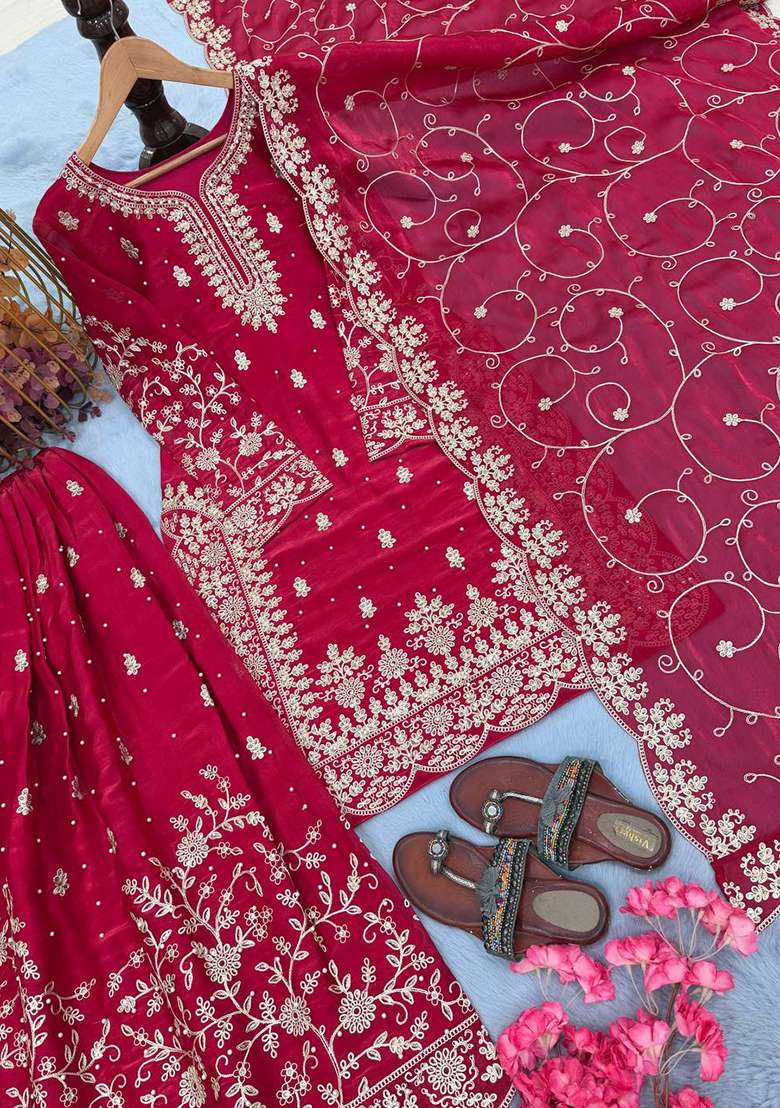 Rani Pink Embroidered Silk Blend Sharara Set - Indya
