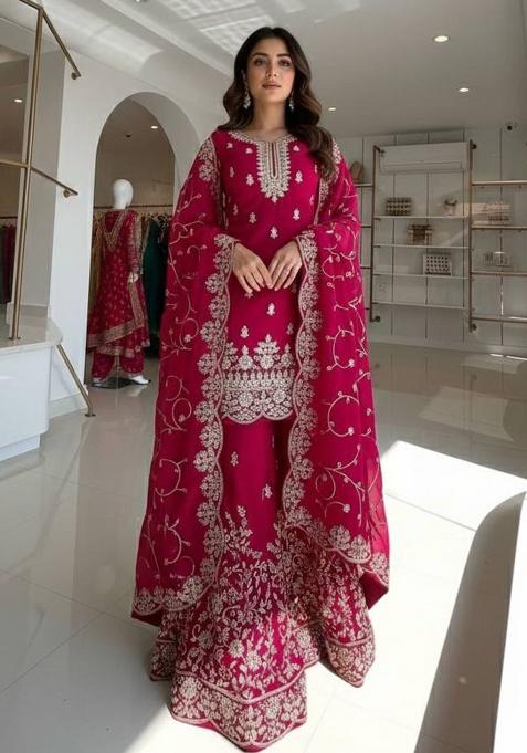 Rani Pink Thread Work Silk Kurta Set