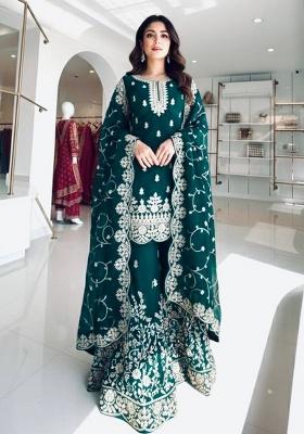 Teal Thread Work Silk Kurta Set