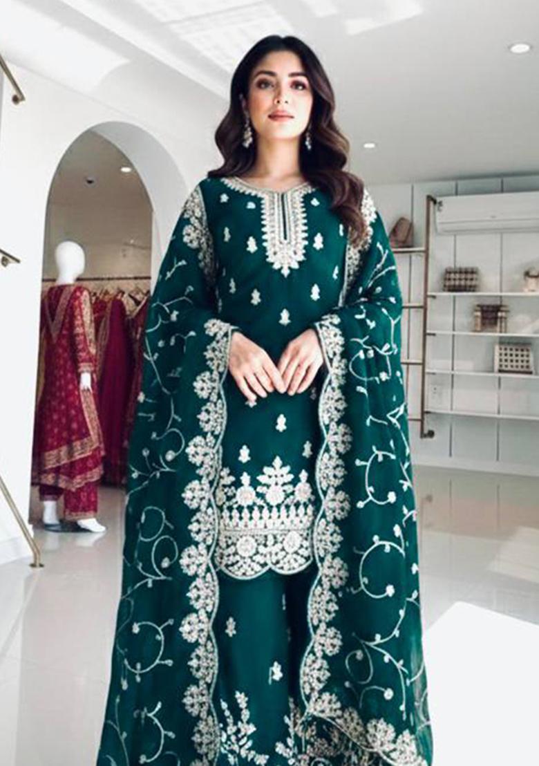 Teal Thread Work Silk Kurta Set - Indya