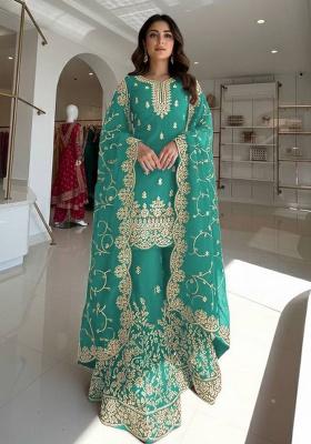 Turquoise Thread Work Silk Kurta Set