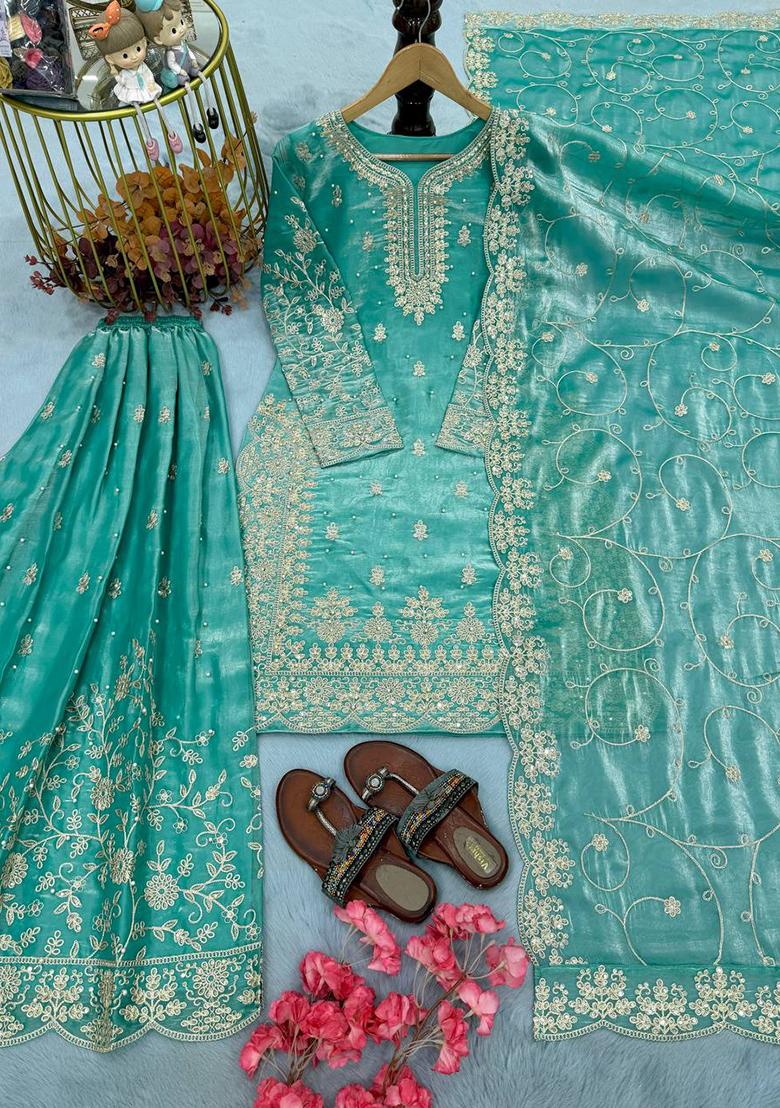 Turquoise Thread Work Silk Kurta Set - Indya