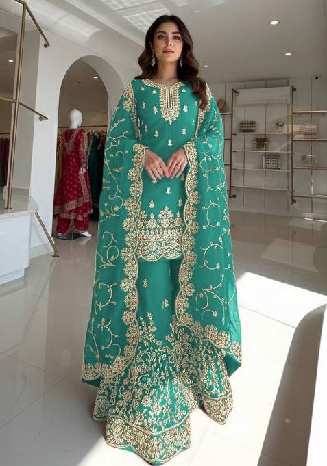 Turquoise Thread Work Silk Kurta Set