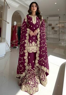 Wine Thread Work Silk Kurta Set