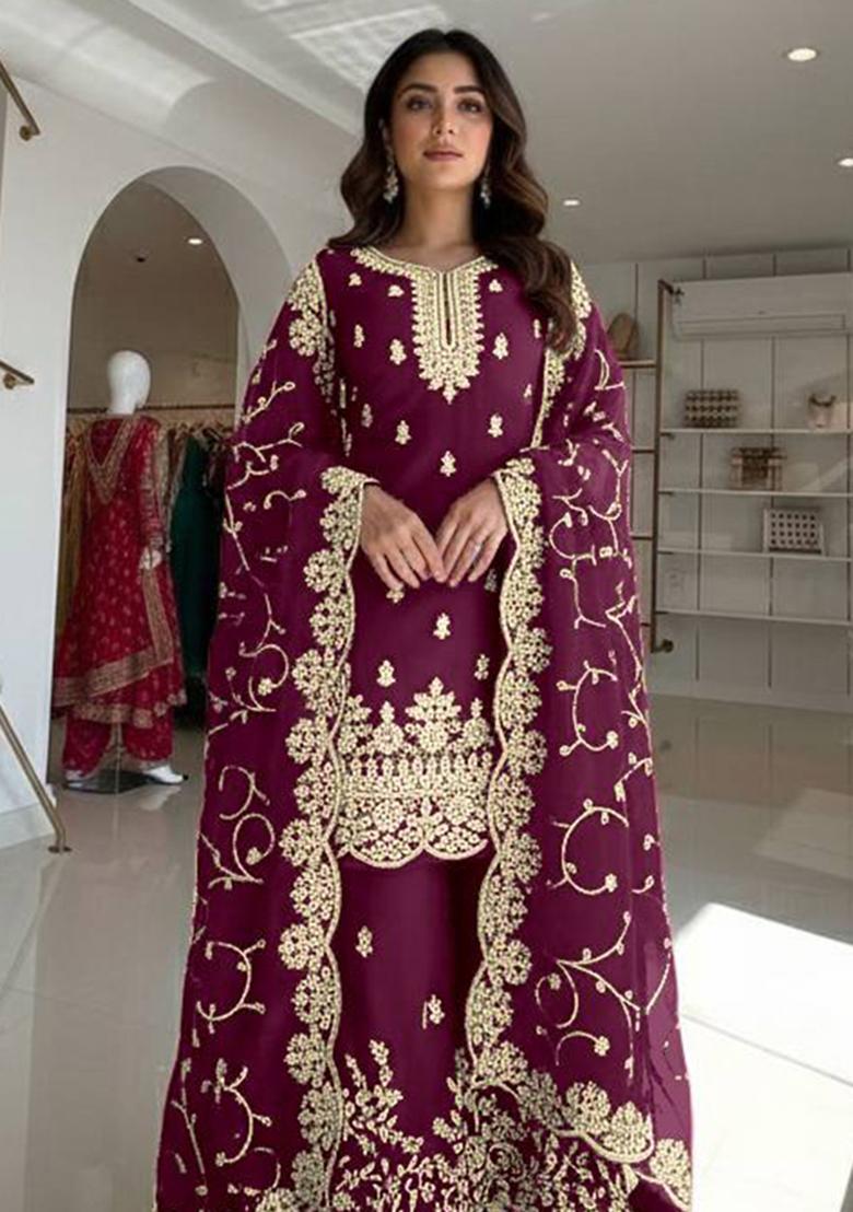 Wine Thread Work Silk Kurta Set - Indya