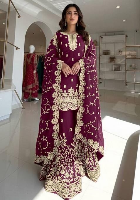Wine Thread Work Silk Kurta Set
