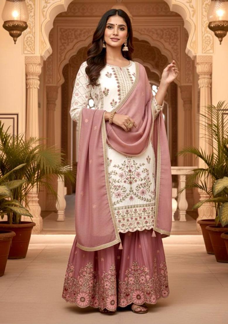 Multicolor Thread Work Silk Kurta Set - Indya