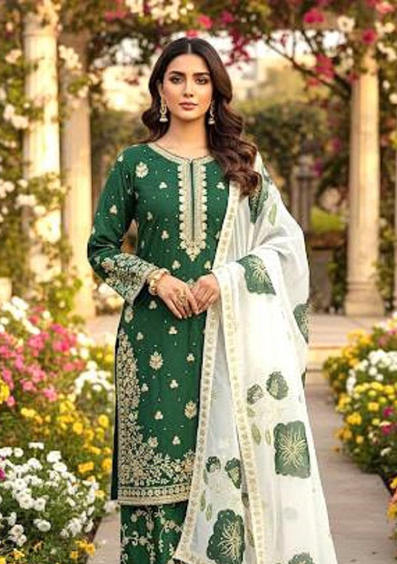 Green Thread Work Silk Kurta Set - Indya