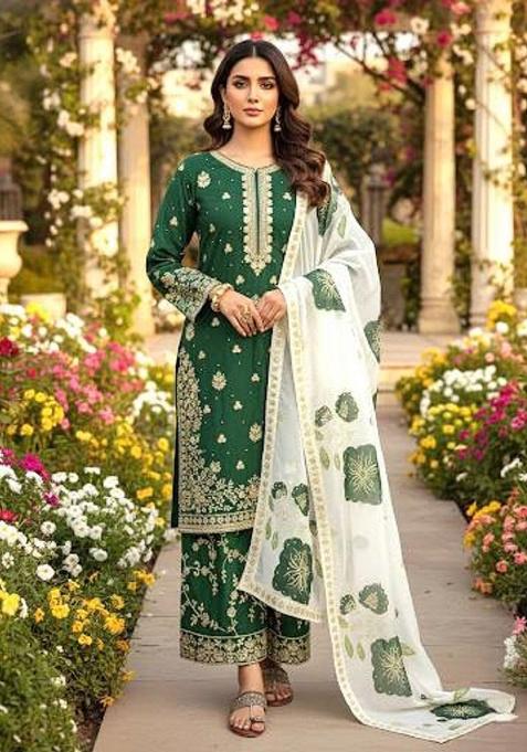 Green Thread Work Silk Kurta Set