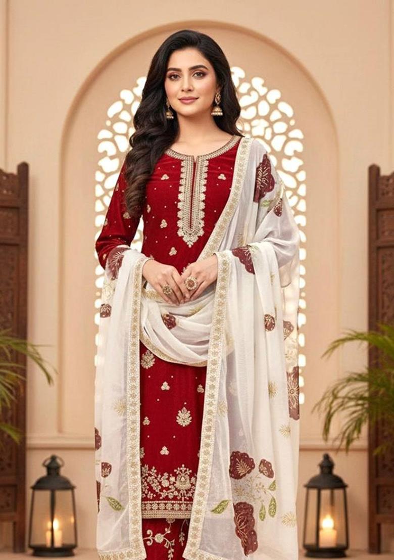 Maroon Thread Work Silk Kurta Set - Indya