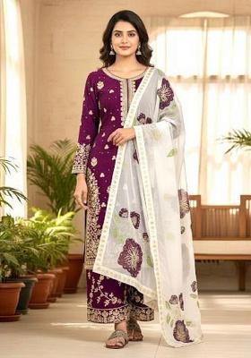 Wine Thread Work Silk Kurta Set