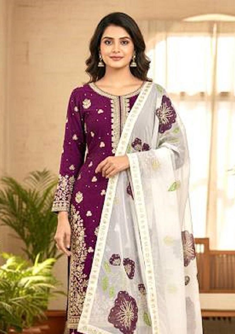 Wine Thread Work Silk Kurta Set - Indya