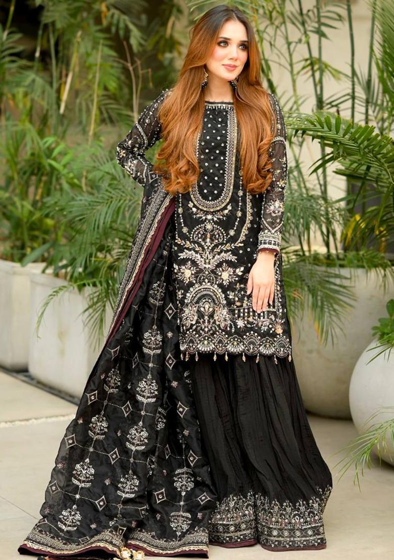 Black Thread Work Georgette Kurta Set - Indya