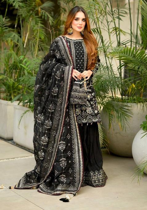 Black Thread Work Georgette Kurta Set