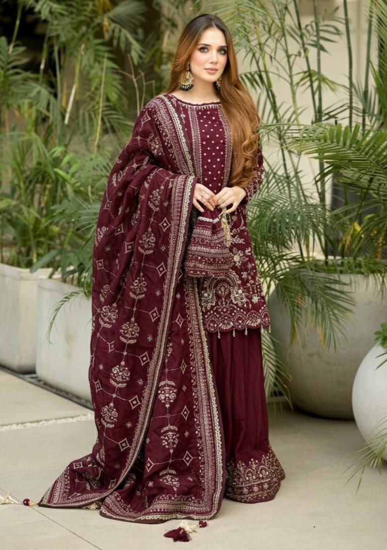 Maroon Thread Work Georgette Kurta Set - Indya
