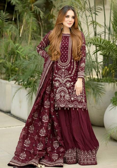 Maroon Thread Work Georgette Kurta Set