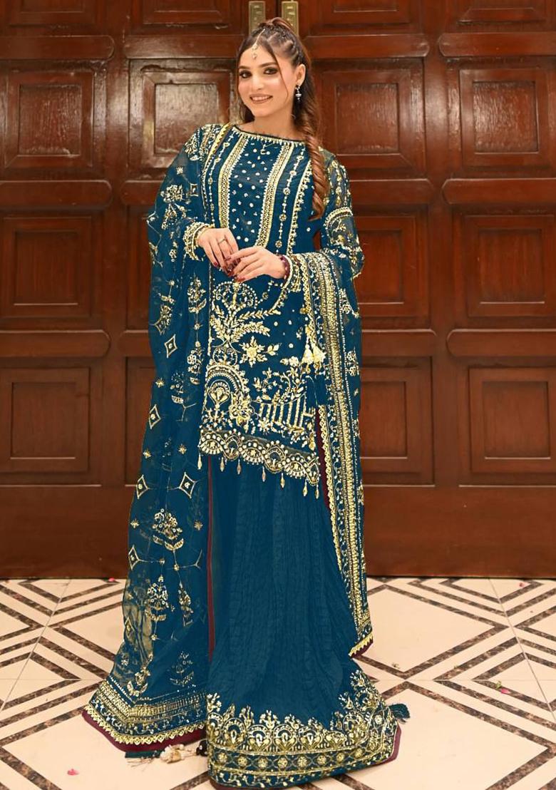 Teal Thread Work Georgette Kurta Set - Indya