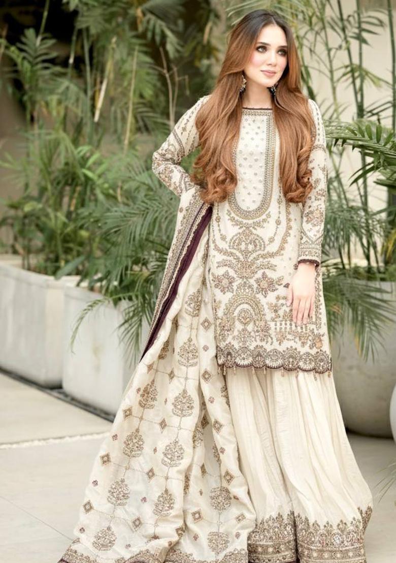 White Thread Work Georgette Kurta Set - Indya