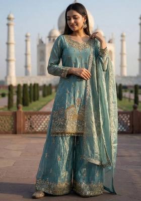 Teal Thread Work Silk Kurta Set