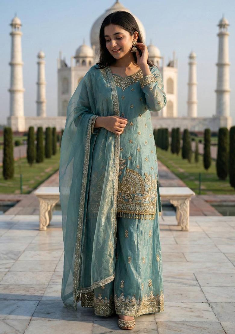 Teal Thread Work Silk Kurta Set - Indya