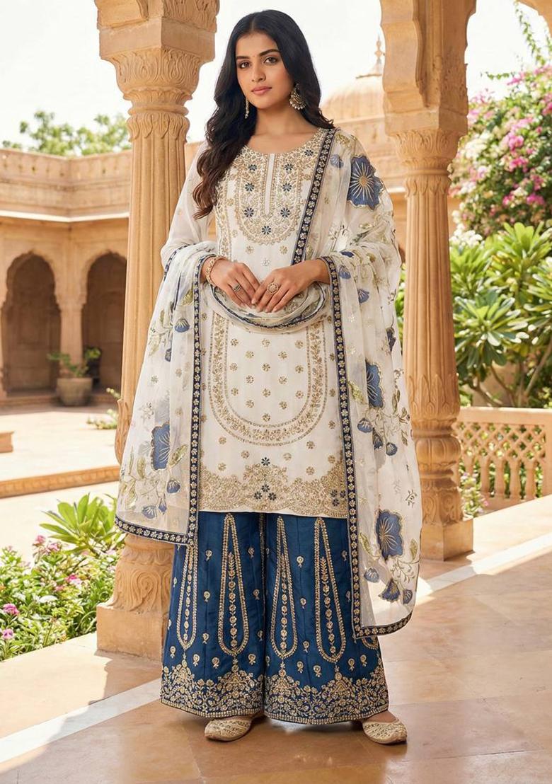 Multicolor Thread Work Silk Kurta Set - Indya