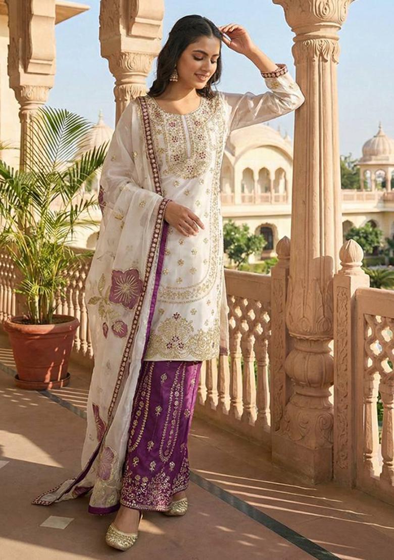 Multicolor Thread Work Silk Kurta Set - Indya